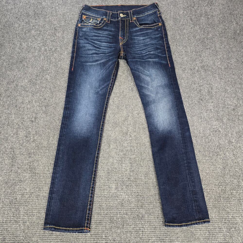 True Religion Jeans Mens 32x33 Slim Flap Big T Dark Wash Red Stitch Denim